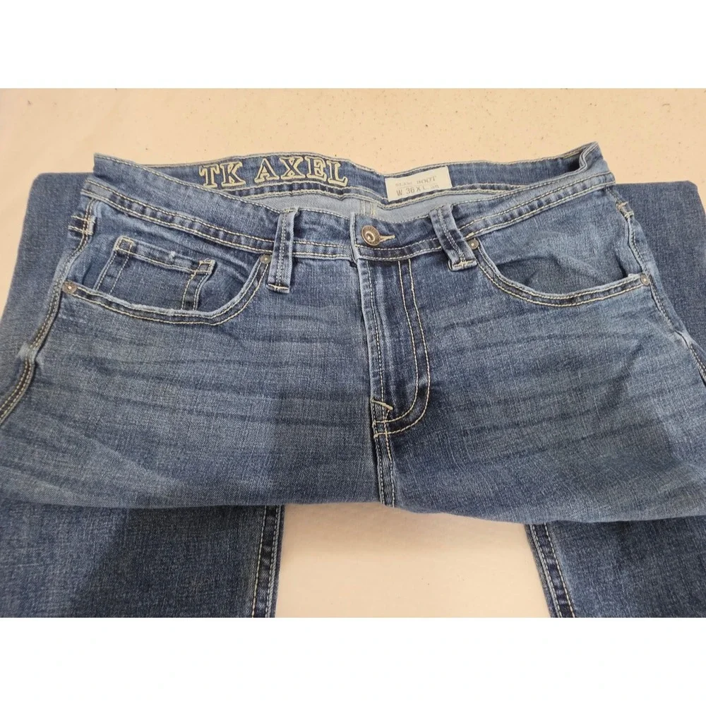 TK Axel Mens Slim Bootcut Jeans Medium Wash Denim W36 L30 Embroidered Pockets
